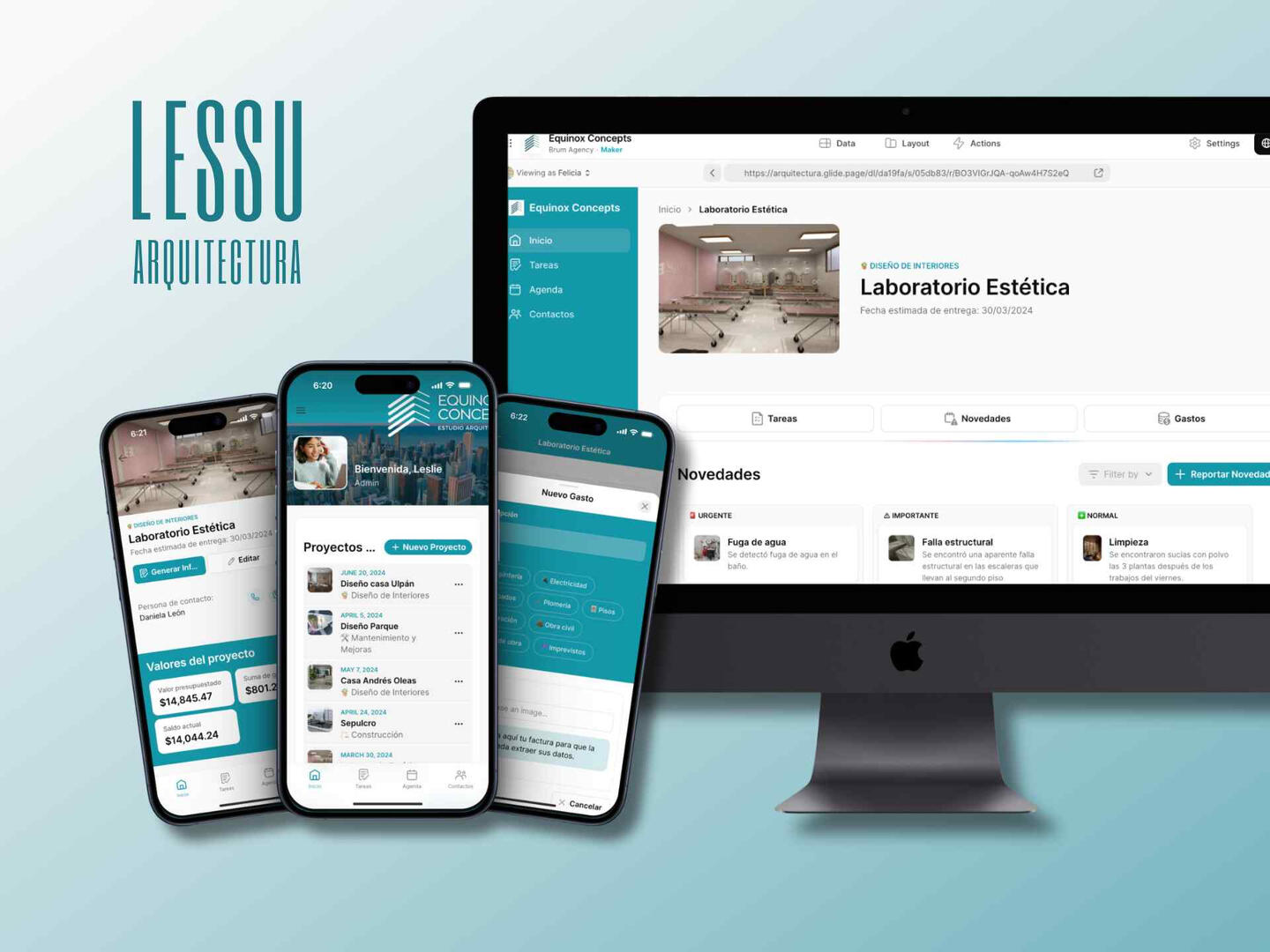 Mobile and Desktop Mockups displaying an Architecture Studio Project Manager app.