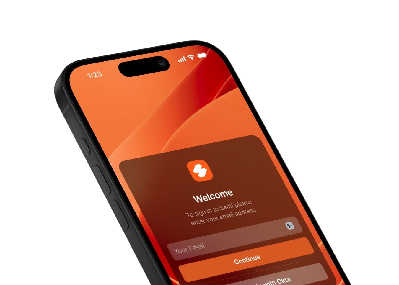 A mobile phone mockup displaying a sign-up screen in an app, welcoming the user and showing the company's logo.