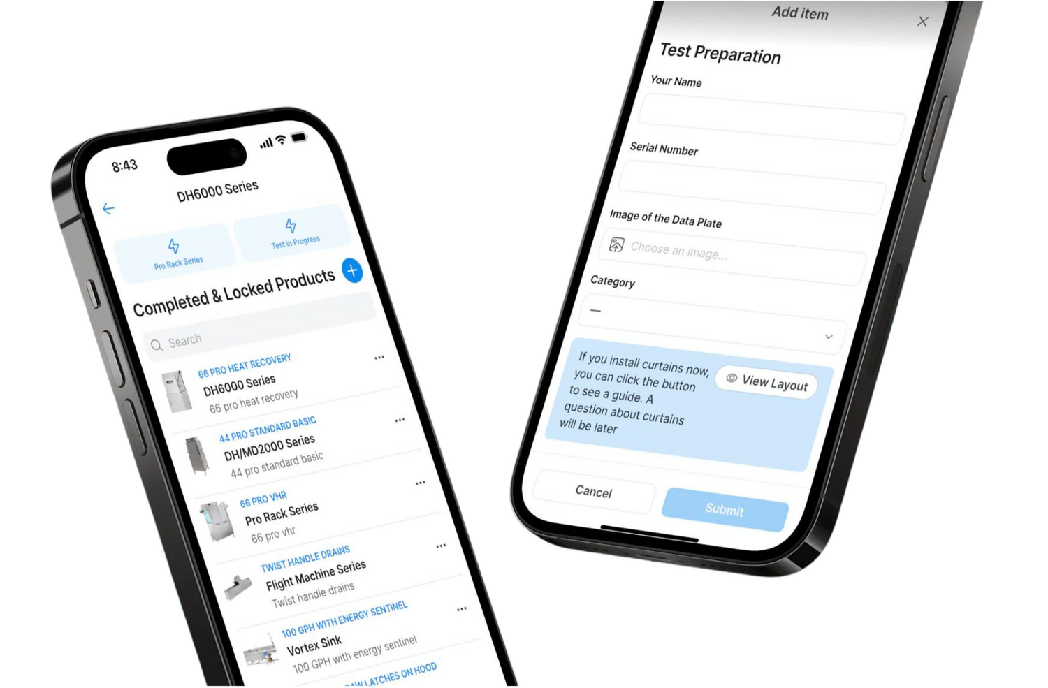 A mockup of two mobile phones displaying two separate screens of a business app.